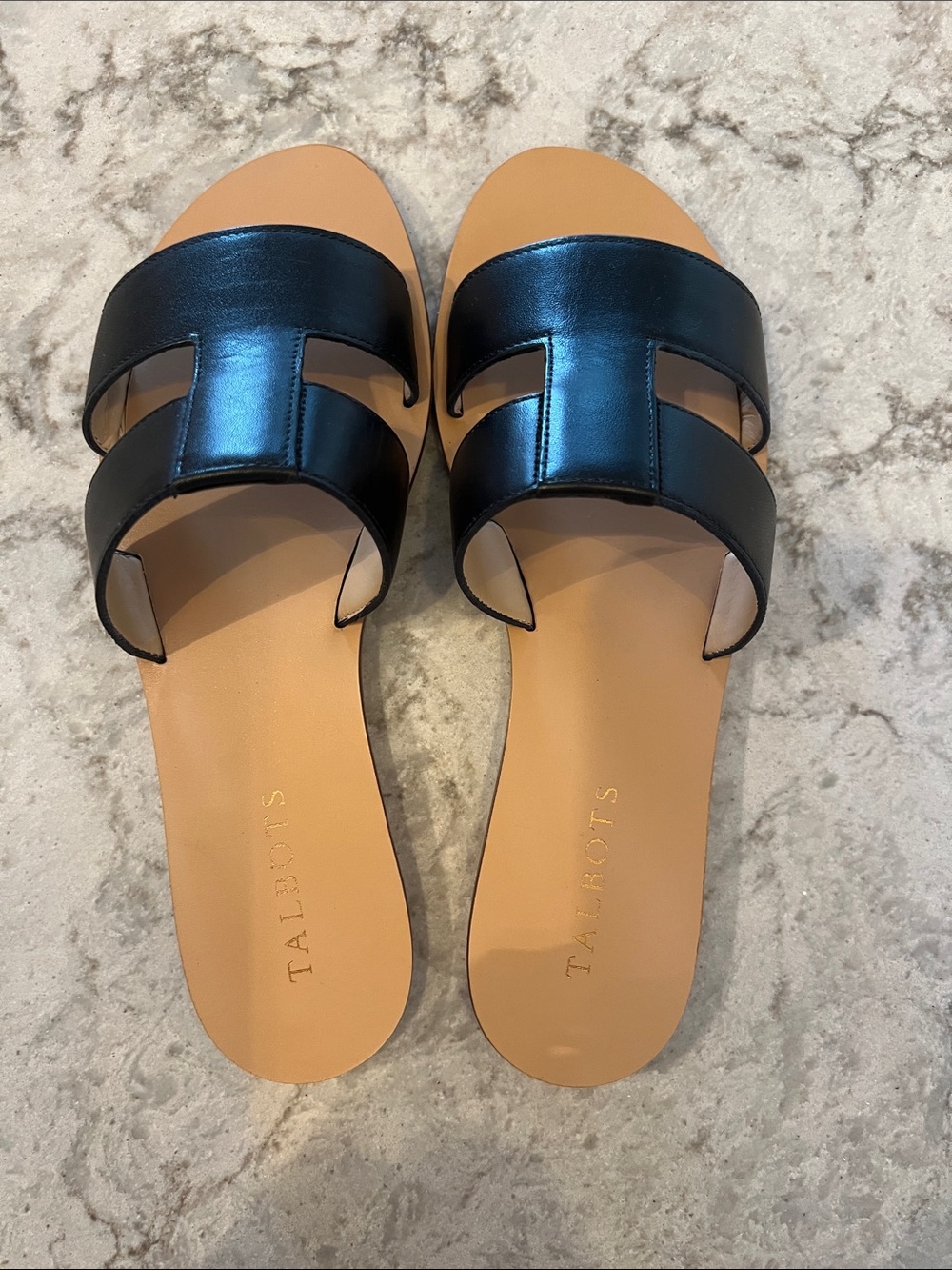 Talbots Black Leather Double-Strap Slide Sandals with Tan Footbed